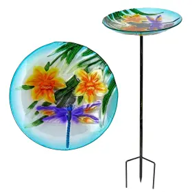 B0ctbcm5c1 Alpine Corporation 25 Inch Tall Outdoor Glass Birdbath Stake - Flowers And Dragonfly