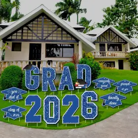 B09pg2qhr6 Aneco 2026 Grad Blue Graduation Yard Signs With Stakes - Waterproof Outdoor Party Deco