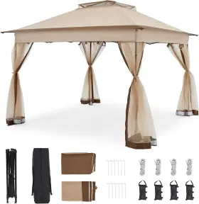 4476363 Bezseller Bezeseller 11x11 Pop Up Gazebo Tent With Mosquito Netting 11x11ft Khaki