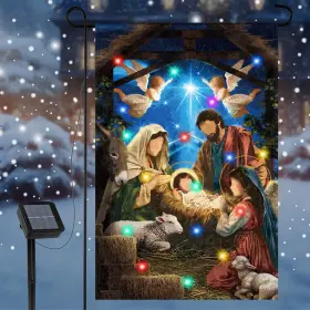 Ganeen B0dd44ss1w 12x18 Inch Solar Led Christmas Nativity Garden Flag Double Sided Outdoor Deco