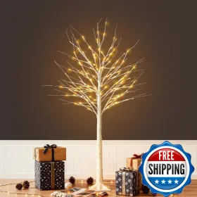 B0frs46cxs Miclionled 5ft White Birch Tree With Lights - Lighted 96 Warm Leds Fo