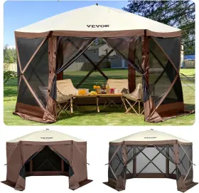 Vevor 810087877392 12 12ft 6 Sided Upgraded 12x12ft Pop-up Gazebo Screen Tent Brown