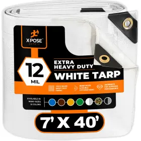 Xpose Safety 810054450115 Heavy Duty White Tarp 7ft X 40ft Protective Cover 12 Mil Thick Poly Tarpaulin
