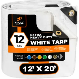 Xpose Safety 812412031004 Heavy Duty White Tarp 12ft X 20ft Protective Cover 12 Mil Thick Poly Tarpaulin