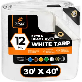 Xpose Safety 812412031097 30ft X 40ft Heavy Duty White Tarp Protective Cover 12 Mil Thick Poly Tarpaulin