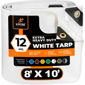 Xpose Safety 812412031158 8ft X 10ft Heavy Duty White Tarp Protective Cover 12 Mil Thick Poly Tarpaulin