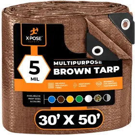 Xpose Safety 812412033329 30ft X 50ft Multi Purpose Brown Poly Tarp Cover Tent Shelter Rv Camping Tarpaulin