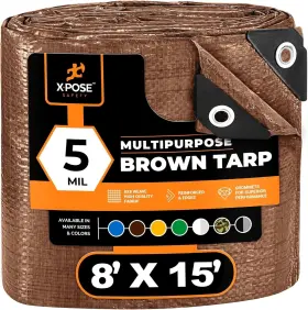 Xpose Safety 812412034210 Brown Poly Tarp 8ft X 15ft - Durable Water Resistant Weather