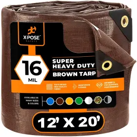 Bhd-1220-a Xpose Safety 12ft X 20ft Super Heavy Duty 16 Mil Brown Poly Tarp Cover - Thick Waterproof U