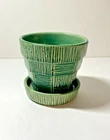 Vintage 4" Mccoy Green Basket Weave Flower Pot Planter Attached Saucer Plants Used. Price: $24.00.