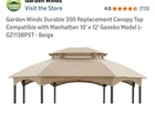 Garden Winds Durable Replacement Canopy Top Manhattan 10X12 Gazebo Beige New. Price: $75.00.
